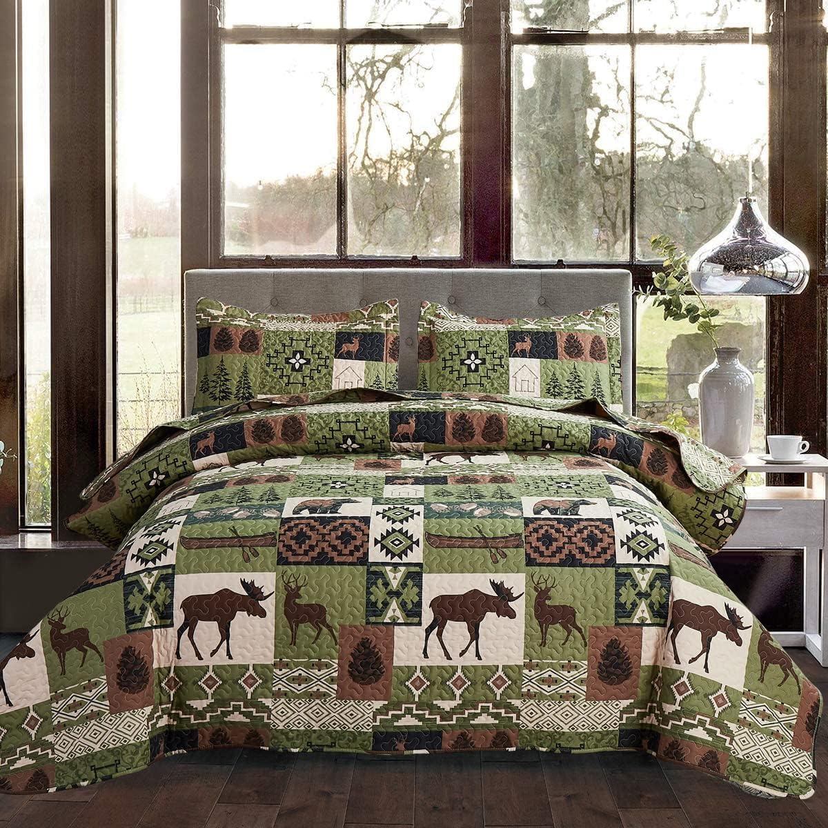 Rustic Moose Quilt Set King Size Lodge Quilt Lightweight Summer Cabin Bedspread Country Bedding Forest Bear Fish Pine Coverlet Daybed Cover Blanket Woodland Home Decor-Brown White BST220