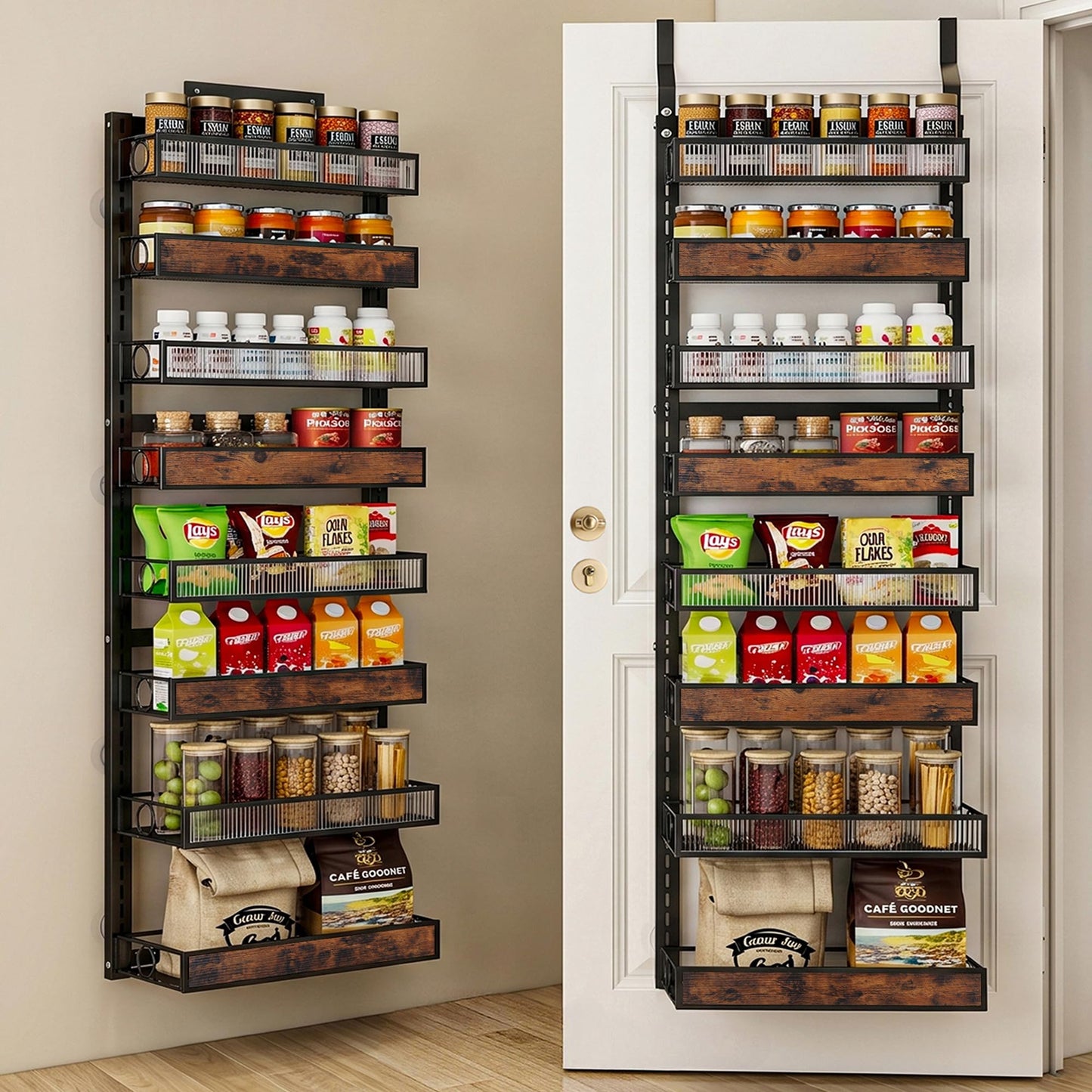 6 Tier Pantry Door Organizer Spice Rack, 2-IN-1 Wall Mount or Hanging Over Door Seasoning Organizer with Adjustable Baskets, Heavy Duty Behind Door Storage Shelves for Pantry, Cabinet and Kitchen BST220