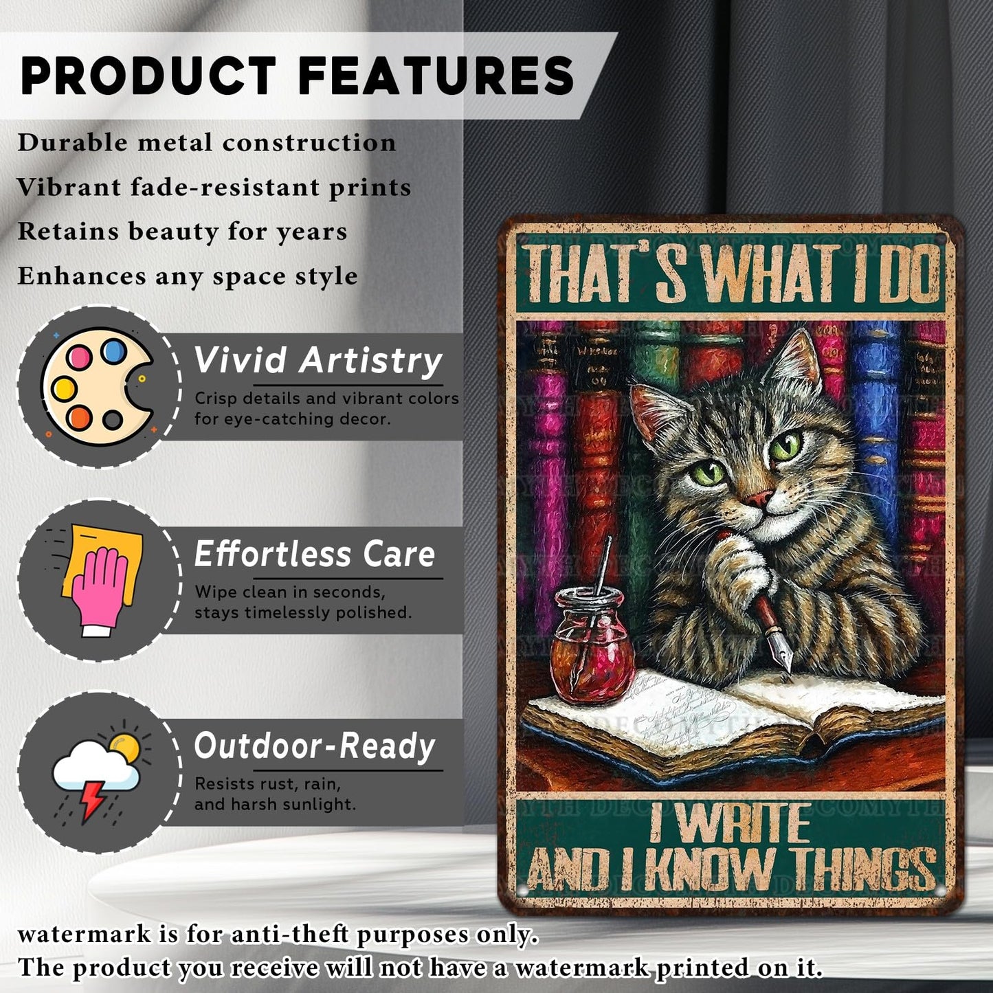 Vintage Cat Sign That's What I Do Write And I Know Things Metal Poster Sign for Home Bar Pub Kitchen Garage Restaurant Wall Deocr 12 * 8inch BST220