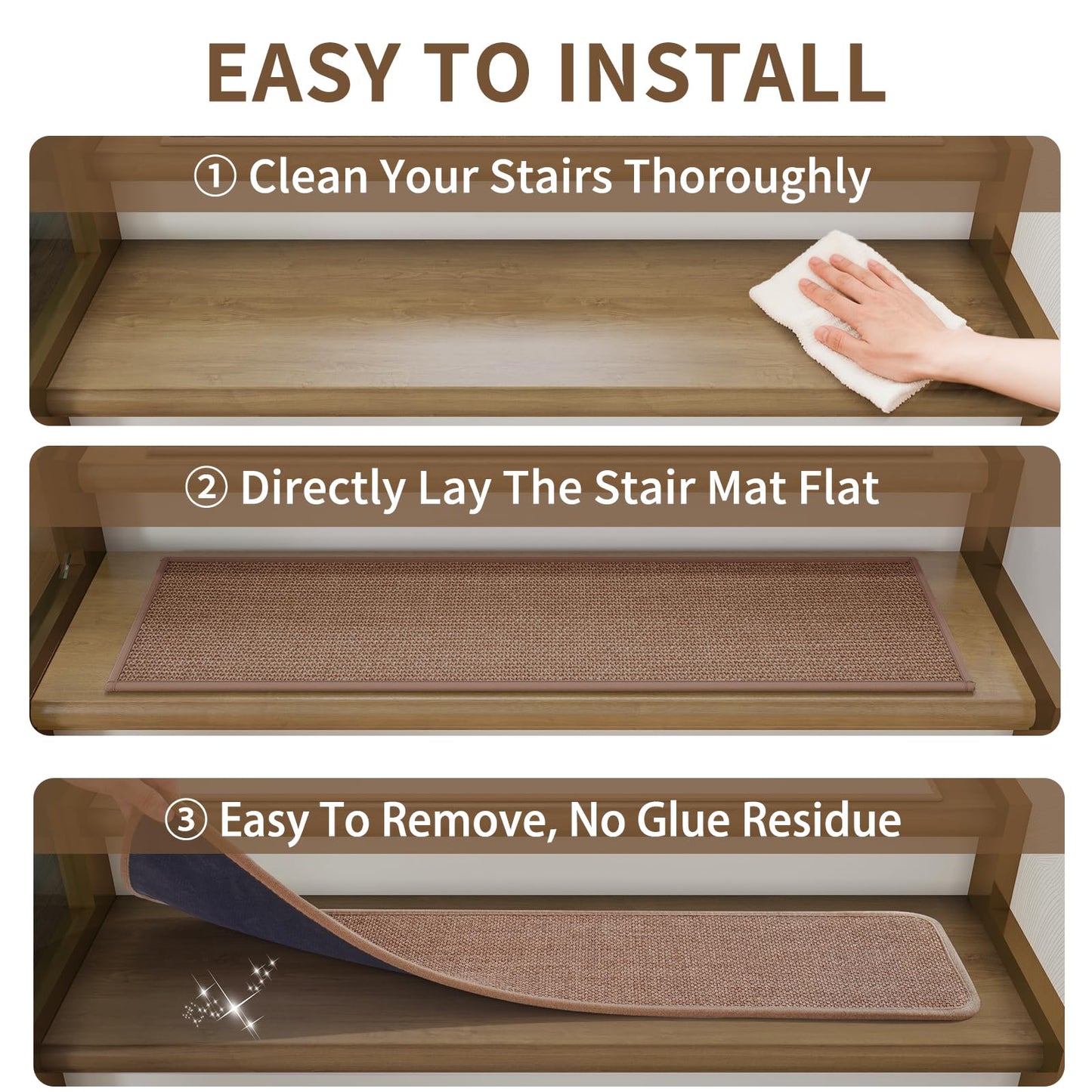 YDKGL Stair Treads Non Slip Indoor 4PCS, Rubber Backing Stair Runner Rugs for Wooden Steps, Residue Free Stair Carpet Treads for Kids Elders and Pets, Machine Washable Stair Mats, Gray, 8" x 30" WN420