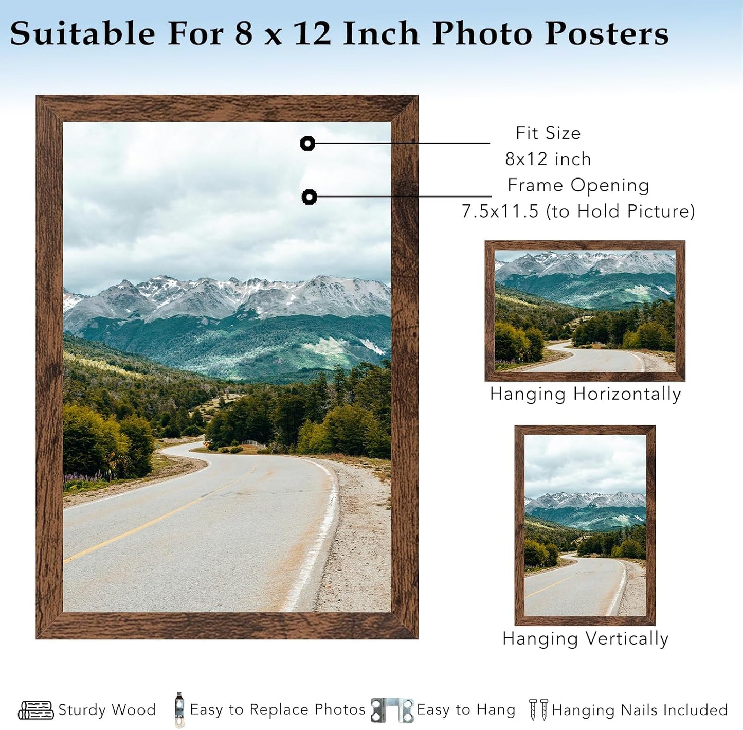 8x12 Picture Frame Deep Brown for Wall Hanging, Wood 8 x 12 Frame Photo Frame for Wall Horizontally or Vertically, Deep Brown, 3 Pack BST326H