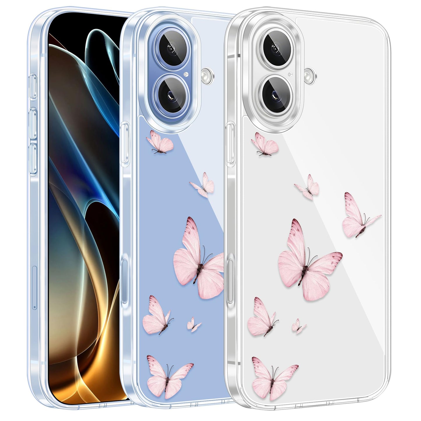 Cute Girly Crystal Clear Case Compatible with iPhone 16 Pro, Camera Control & Shockproof Protection Floral Case for Women, Blue Butterflies WN420