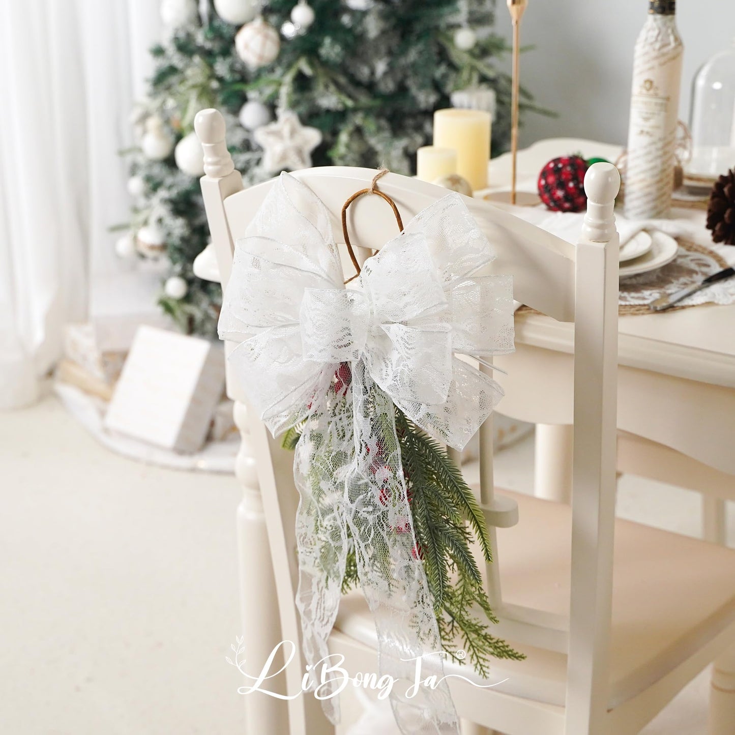 13" x 20'' White Lace Bows Wired Edge Valentine Tree Topper Bow, Glitter Bow Party Decorations, Premade Metallic Bows with Twist Tie, Large Gift Bow for Outdoor Wreath, Wedding-2 PCs BST220