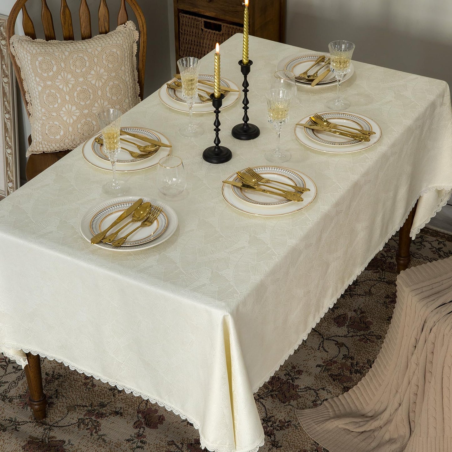 GLORY SEASON Textured Rectangle/Oblong Tablecloth Jacquard Fabric Solid Beige Table Cover for Kitchen Dining Farmhouse Decor 55x70 Inch BST202