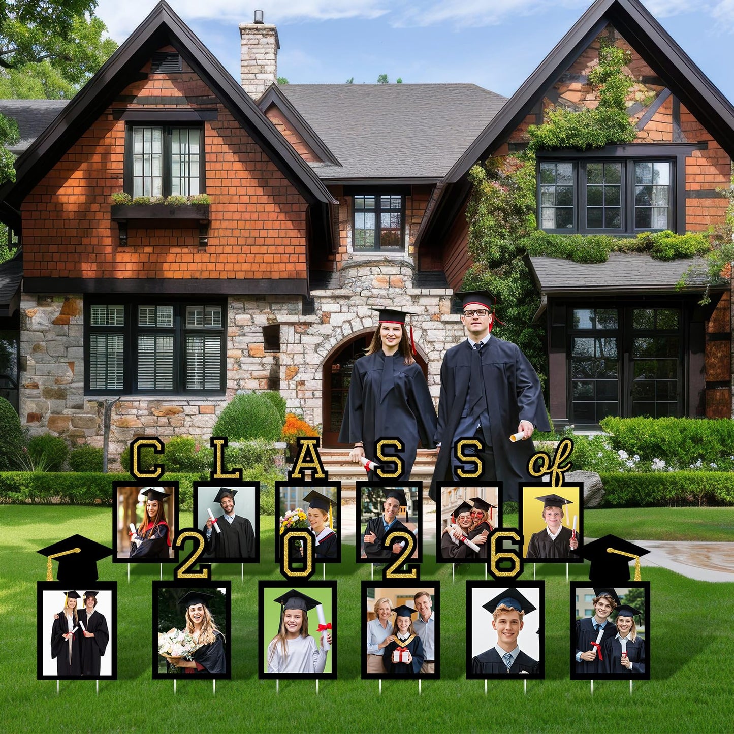 12 Pcs Graduation Photo Yard Sign Decorations 2026, K-12 Grade Graduation School Picture Frame Lawn Sign with Stakes for Kindergarten Middle High School Class of 2026 Grad Party Decorations, Red WN420