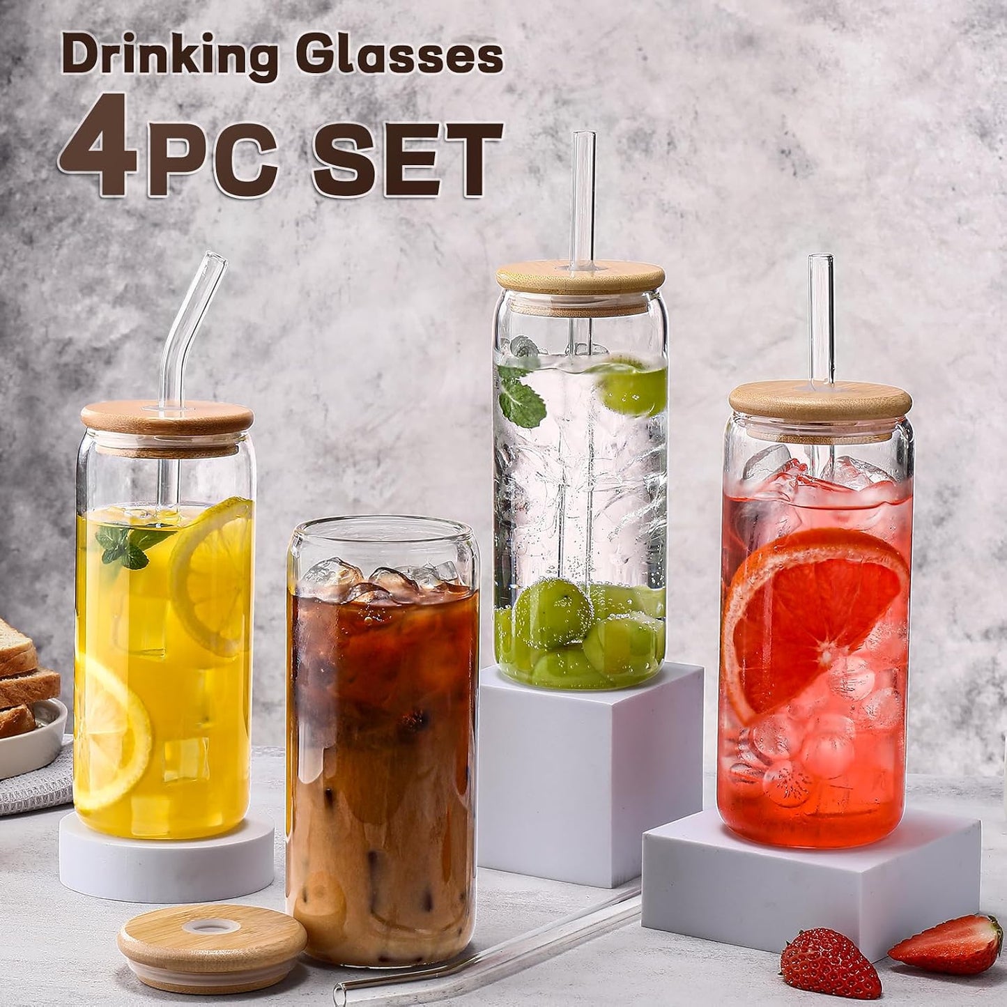 DWTS DANWEITESI Glass Cups “20oz”,Glass Cups with Lids and Straws 4 pcs-Coffee Cups,Drinking Glasses Set,Glass Tumbler with Straw and Lid Gift 2 Cleaning Brushes 600ml BST202