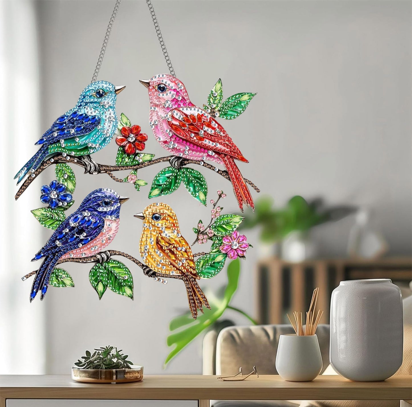 Bimkole Cat Diamond Art Hanging Kit for Adult, DIY 5D Animals Diamond Art Painting Window Pendant, Acrylic Crystal Art Hanging Ornament for Wall Home Garden Front Door Decor - 7.8x7.8 Inch BST220