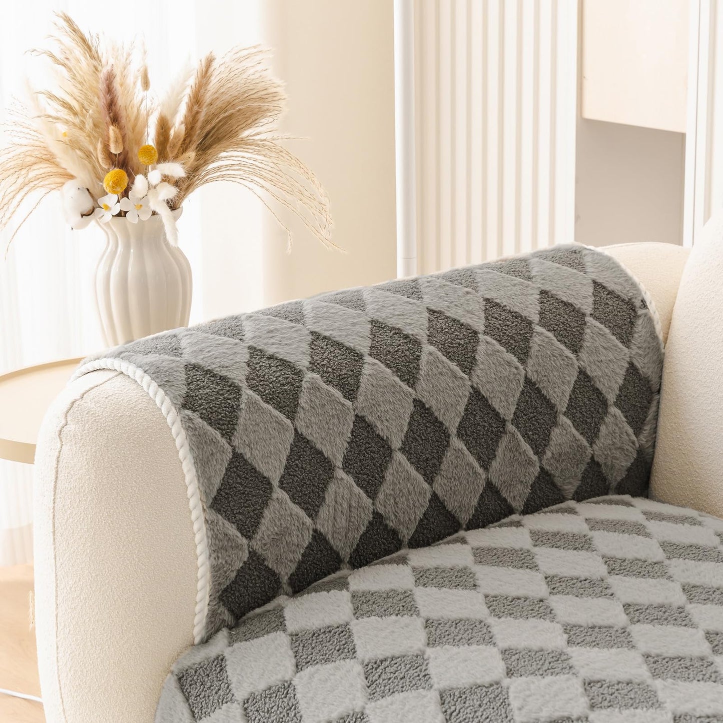 HANDONTIME Fuzzy Dog Couch Cover Washable, Pet-Friendly Sofa Covers Non-Slip Geometric Jacquard Pet Protector Furniture Cover for 3 Cushion Sofa Cozy Fuzzy Dog Mat for Couch (Grey, 35.4" x 70.9") BST202