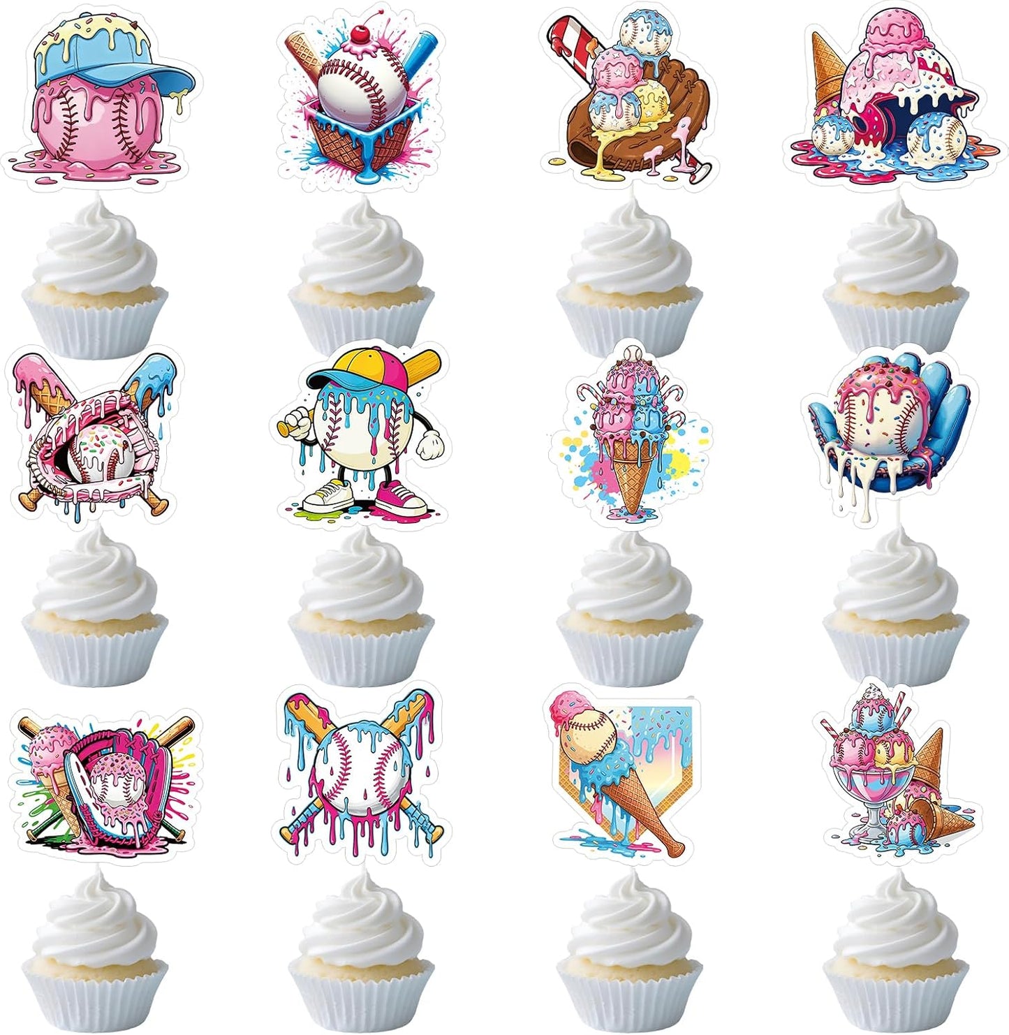 Baseball Birthday Party Decorotions - 24 PCS Ice Cream Drip Baseball Theme Cupcake Toppers, Boys Girls Sports Birthday Party Decorotions Supplies BST326L