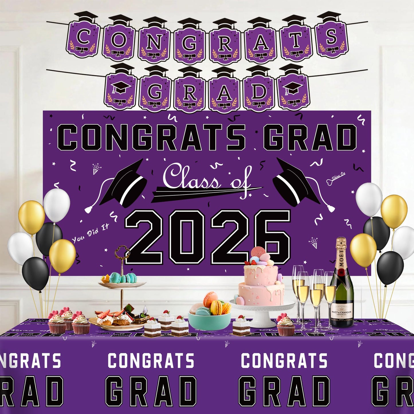Graduation Decorations 2026 2027 - Red Congrats Grad Banner Backdrop Tablecloth Set - Graduation Decorations Class of 2026 | Graduation Party Favors Supplies WN420