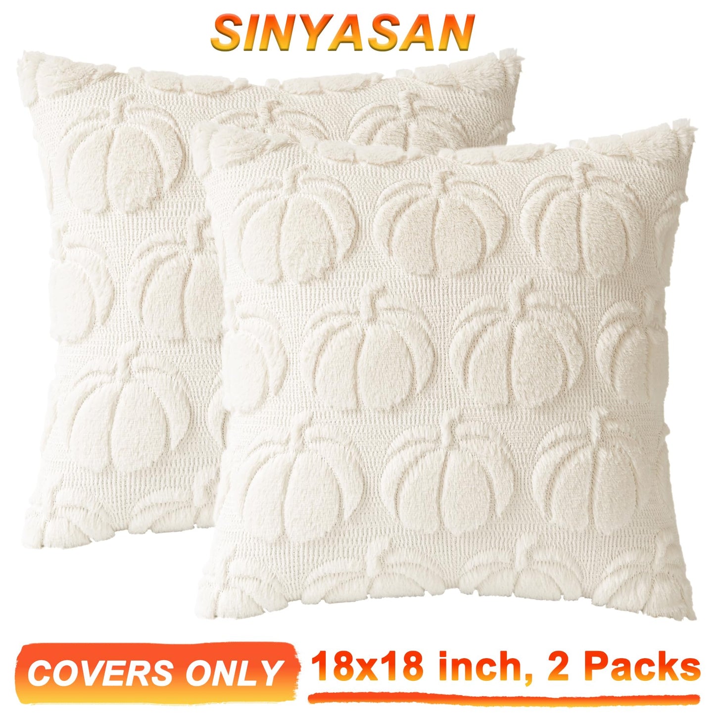 Cream White Fall Pumpkin Decorative Throw Pillow Covers Set of 2, 18x18 Inch Soft Plush 3D Embroidered Halloween Pillow Covers for Fall Decorations Farmhouse Cushion Covers for Thanksgiving BST220