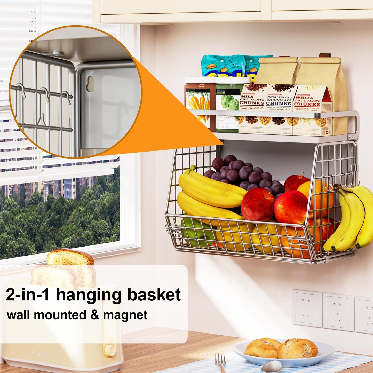 Magnetic Shelf for Fridge,Hanging Wall Basket for Potato Onion Fruit and Vegetable Storage Bins,Large Produce Container Magnetic Spice Rack for Refrigerator Kitchen Counter Pantry,Black BST220