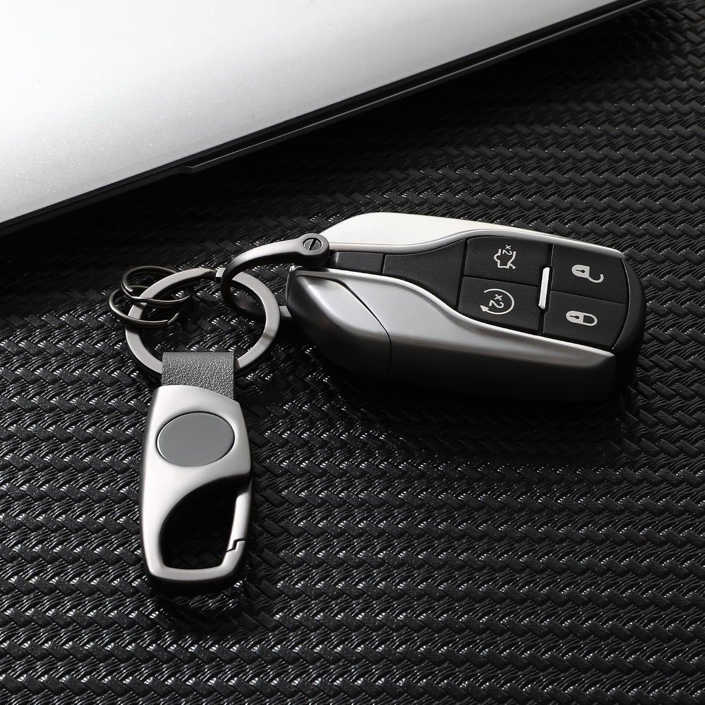 Gkeygo Carabiner Keychain, Key Chains for Car Key with 2 Key Rings and Anti-Lost D-Ring, Multifunctional Keychains for Men and Women – Grey(Grey Leather) WN420