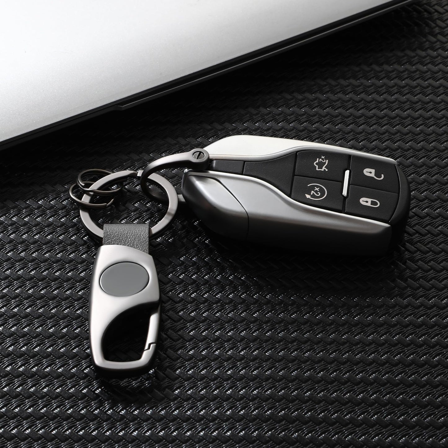 Gkeygo Carabiner Keychain, Key Chains for Car Key with 2 Key Rings and Anti-Lost D-Ring, Multifunctional Keychains for Men and Women – Grey(Grey Leather) WN420
