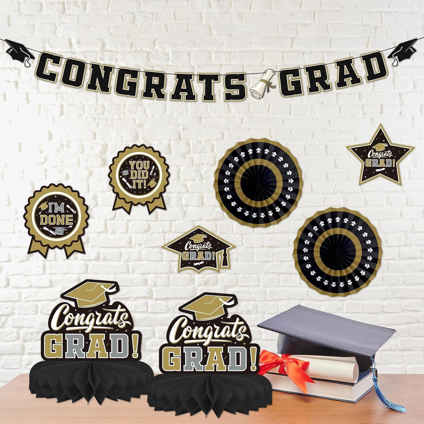 Black and Gold Themed 2026 Graduation Decorations Set - Congrats Grad Banner, Class of 2026 Backdrop, Balloons & Streamers Kit - Graduation Party Supplies for High School & College Celebrations BST326H