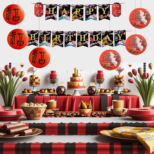 21Pcs Japanese Birthday Party Decorations Set, Happy Birthday Banner with Chinese Paper Lanterns, Black Gold Red Oriental Theme, Hibachi Party Decorations BST326H