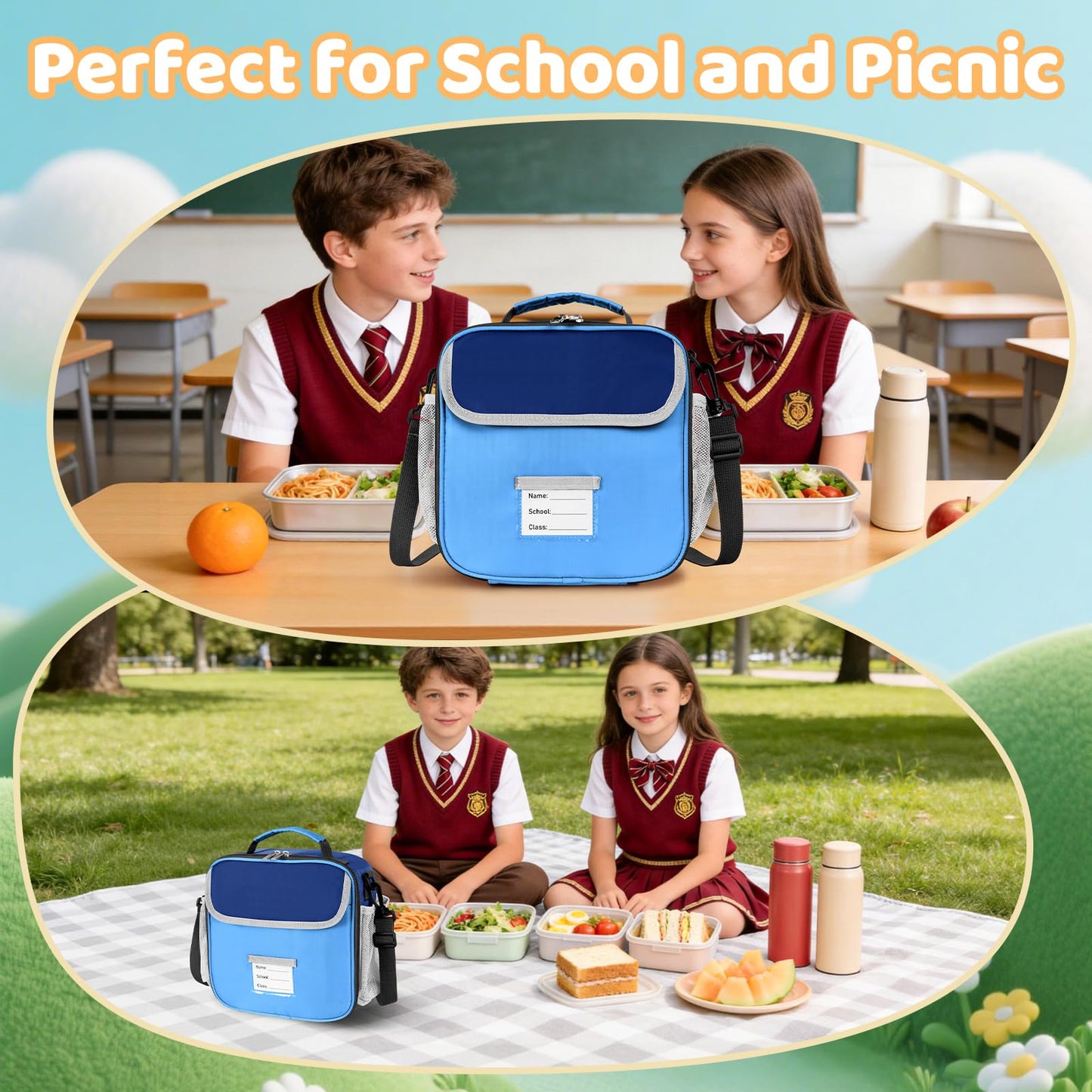 Lunch Bag for Kids Insulated Lunch Boxe for Boys Girls Small Reusable Cooler Tote Lunchbag Back to School Cute Lunchbox for Teens (light blue) WN420