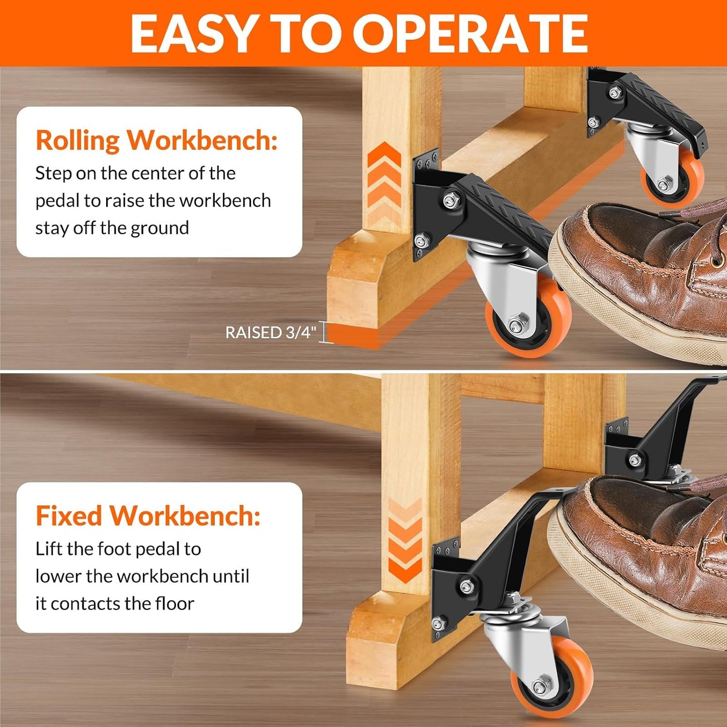 Caster Wheels, 3 Inch Workbench Casters Set of 4 Heavy Duty - 800 Lbs Capacity Retractable Swivel Castors with No Noise Polyurethane Wheels, Easy to Install for Tables Legs, Work Bench & Tool Carts WN420