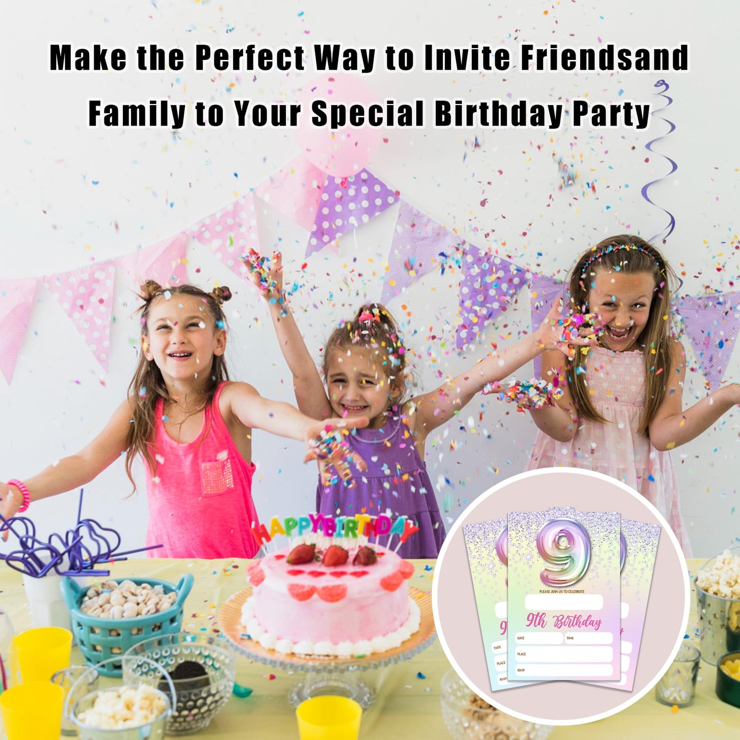 5th Birthday Invitations For Girl,Purple Glitter Birthday Invites, 20 Fill-in Rainbow Balloons Invitation Cards With Envelopes, Fifth Party Decorations 4x6 Inch-D05 WN420