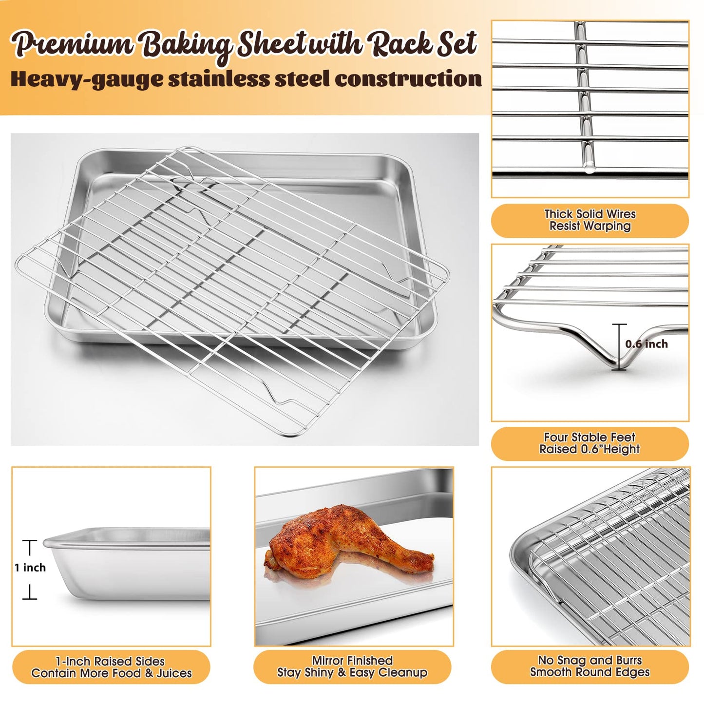 E-far Cookie Sheet with Rack Set, Half Sheet Baking Pan for Oven Cooking, 18”x13” Stainless Steel Rimmed Tray with Wire Cooling Rack for Roasting Broiling Bacon Meat Steak - Dishwasher Safe BST220