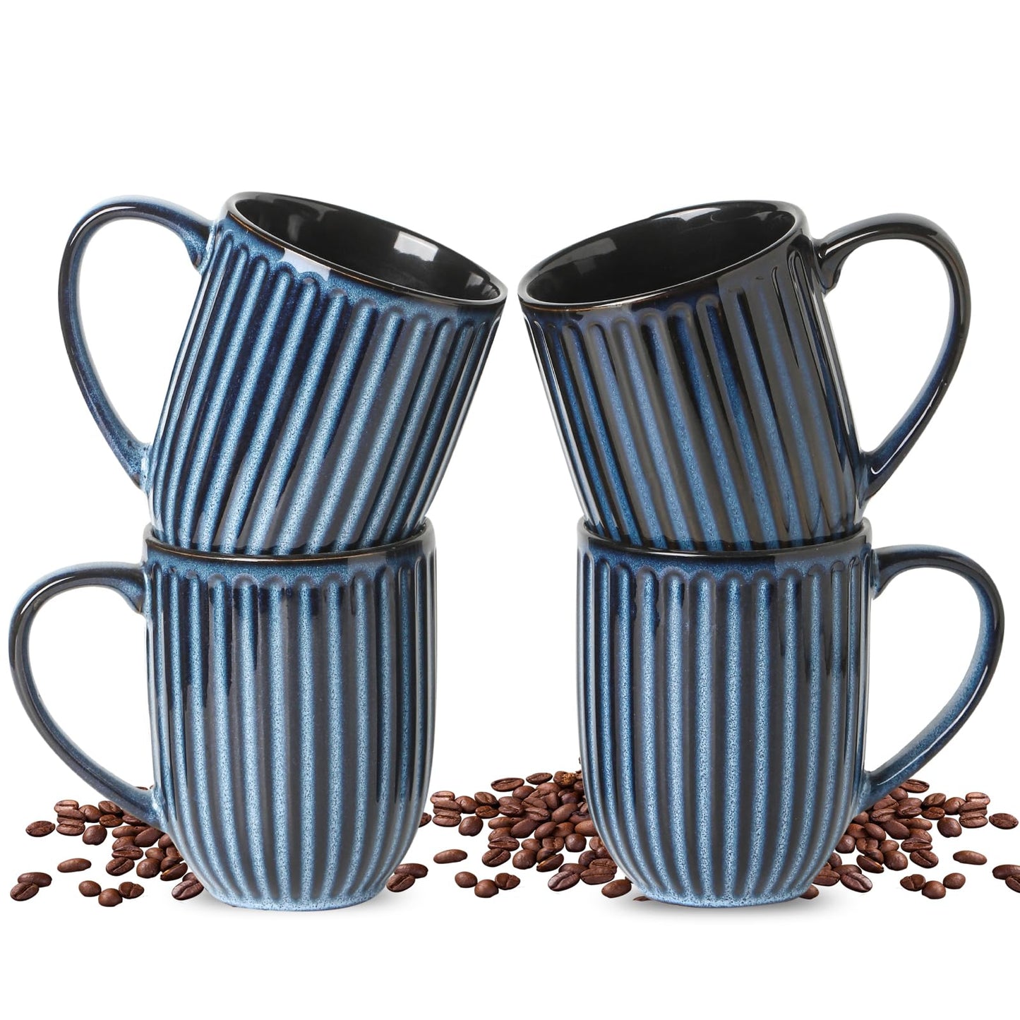 HASENSE Textured Large Coffee Mugs Set of 4, 16 Oz Ribbed Ceramic Cups with Large Handle for Latte Tea Cappuccino, Stackable Embossed Mug Set for Mom Dad, Microwave Dishwasher Safe, Creamy White BST220