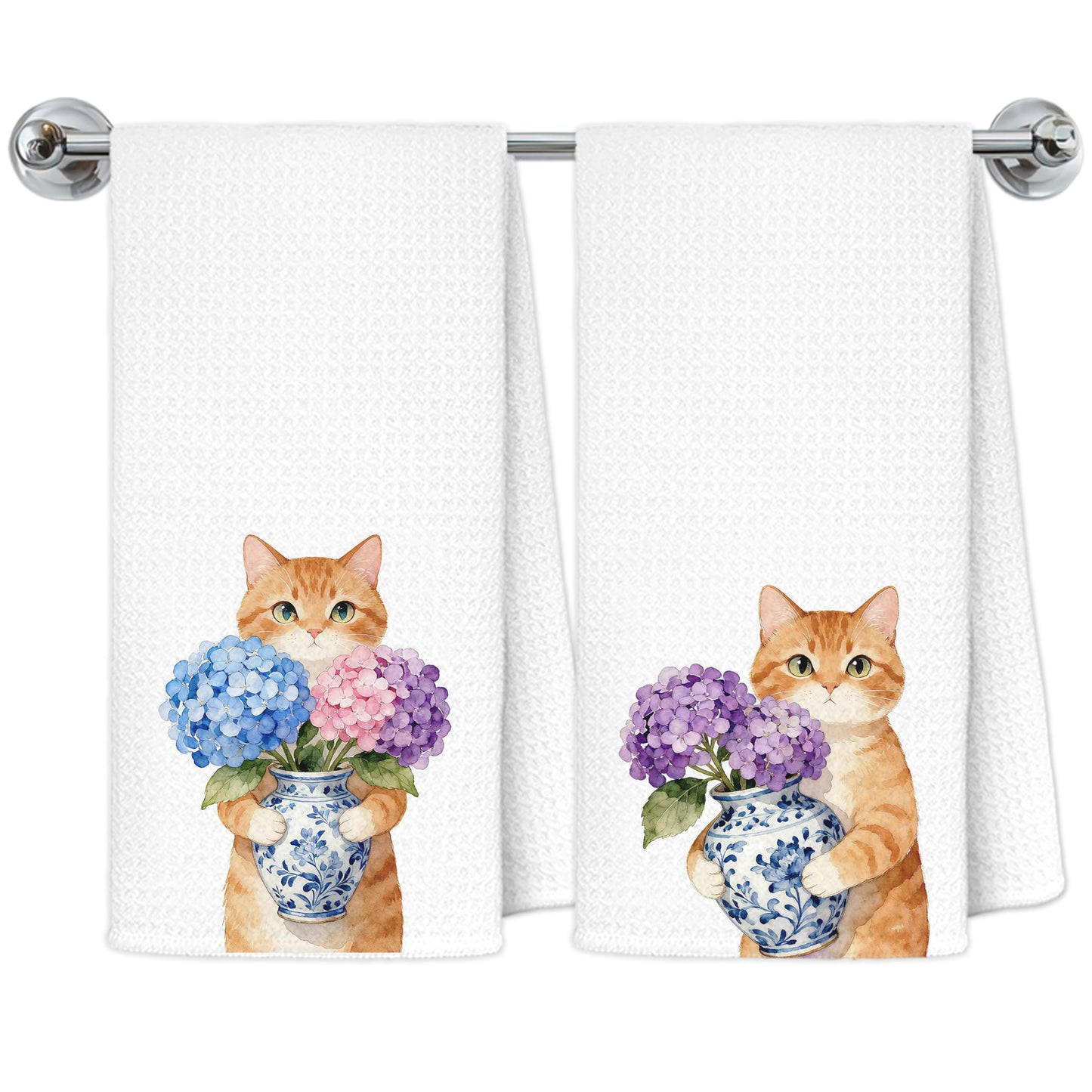 Blue and White Chinoiserie Orange Cat Bathroom Hand Towels, Orange Cat Gifts, Funny Oriental Kitty Decorative Hand Towels Bathroom Restroom Washroom Yoga Spa Zen Decor, 16x24 Inch BST326L