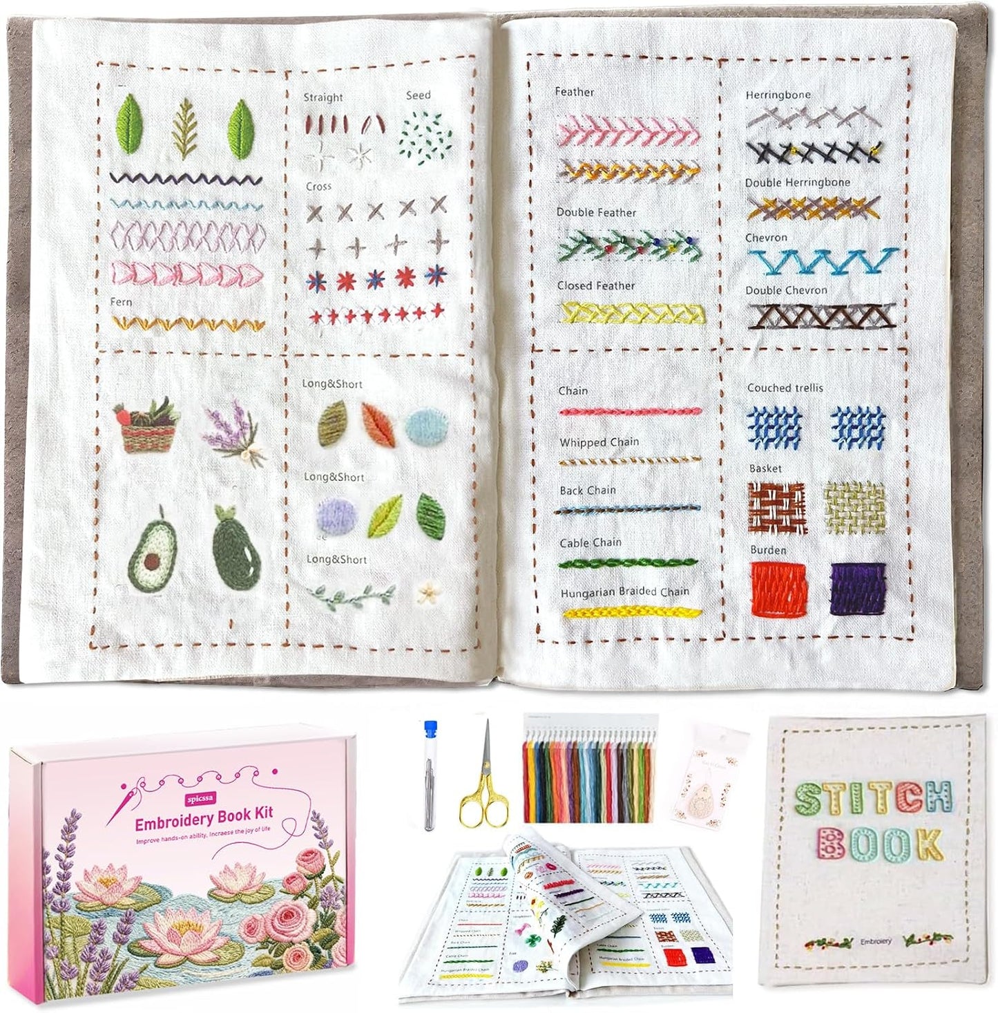 spicssa Beginner Embroidery Stitch Book Kit, 79 Stitches, Video Tutorials | Pre-printed linen panels to stitch and sew into a keepsake book, threads, needles, scissors, hoop and threader BST202