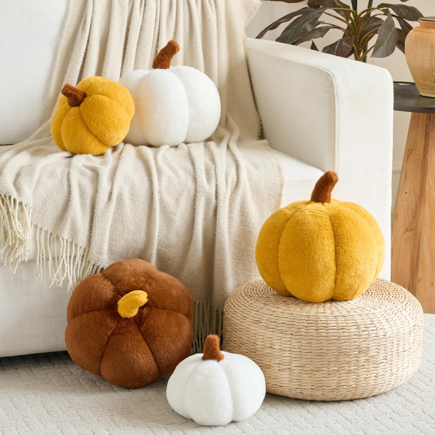 Pumpkin Pillows, Halloween Fall Throw Pillow, Pumpkin Shaped Pillow for Couch, Cute Stuffed Pumpkins, Autumn Decorative Cushion (White, 11 Inches) WN420