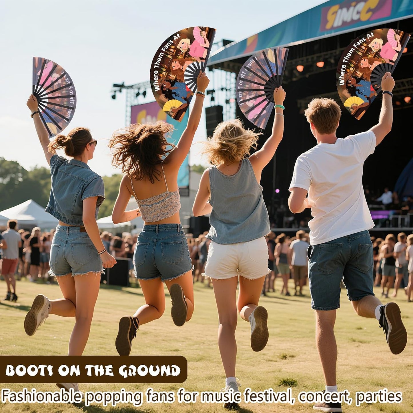 2 PCS Where Them Fans At Clacking Fans for Line Dancing, 13 Inches Large Festival Folding Fan, Boots On The Ground, 210D Oxford Cloth Pop Fan for Music Festival, Concert, Wedding, Halloween Party WN420