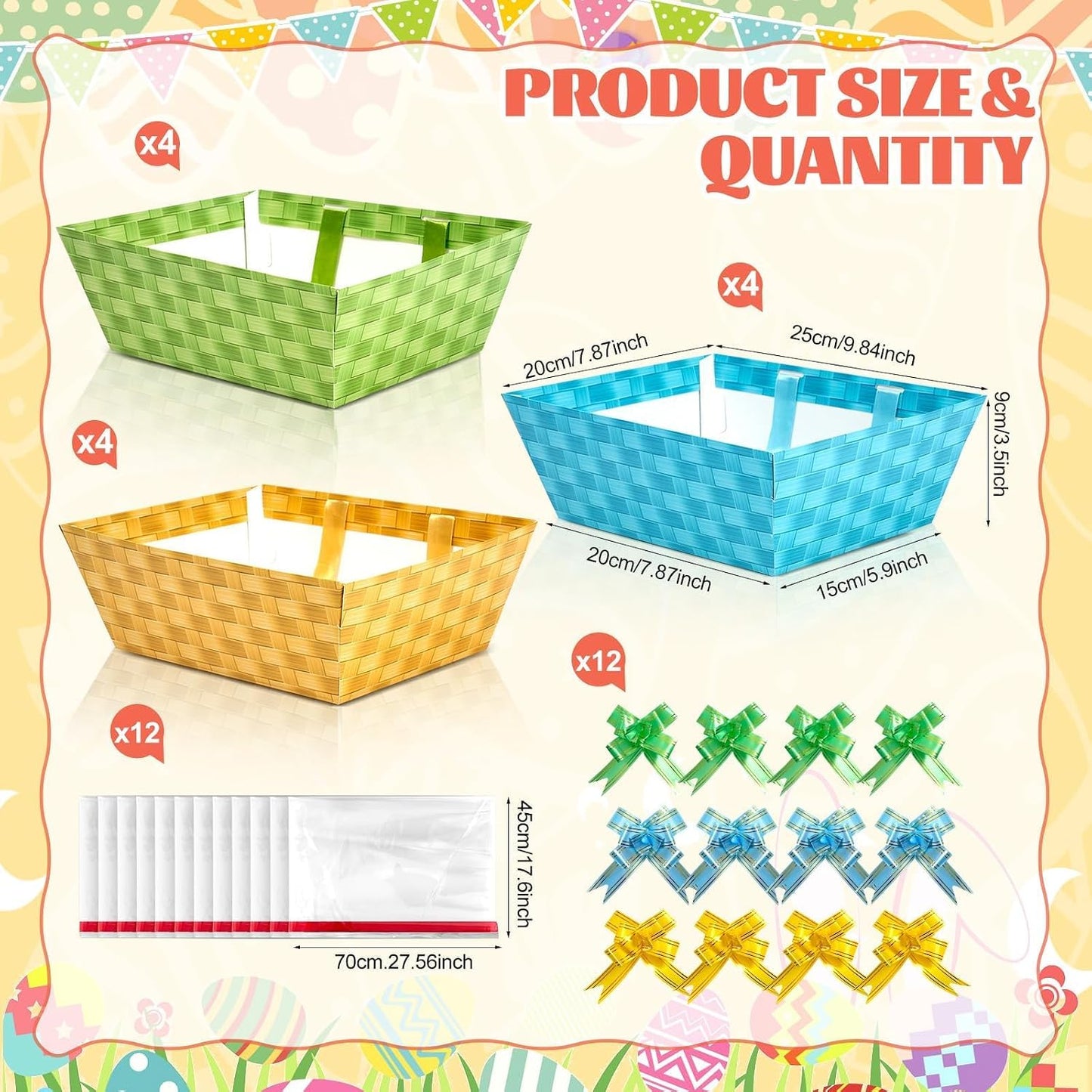APUDWN 12 Pack Gift Baskets with Handles, Pastel Paper Baskets with Cellophane Bags and Pull Bows, Colorful Gift Containers for Candy Snacks Party Favors Classroom Supplies 9.8 x 7.9 x 3.5 Inch BST220