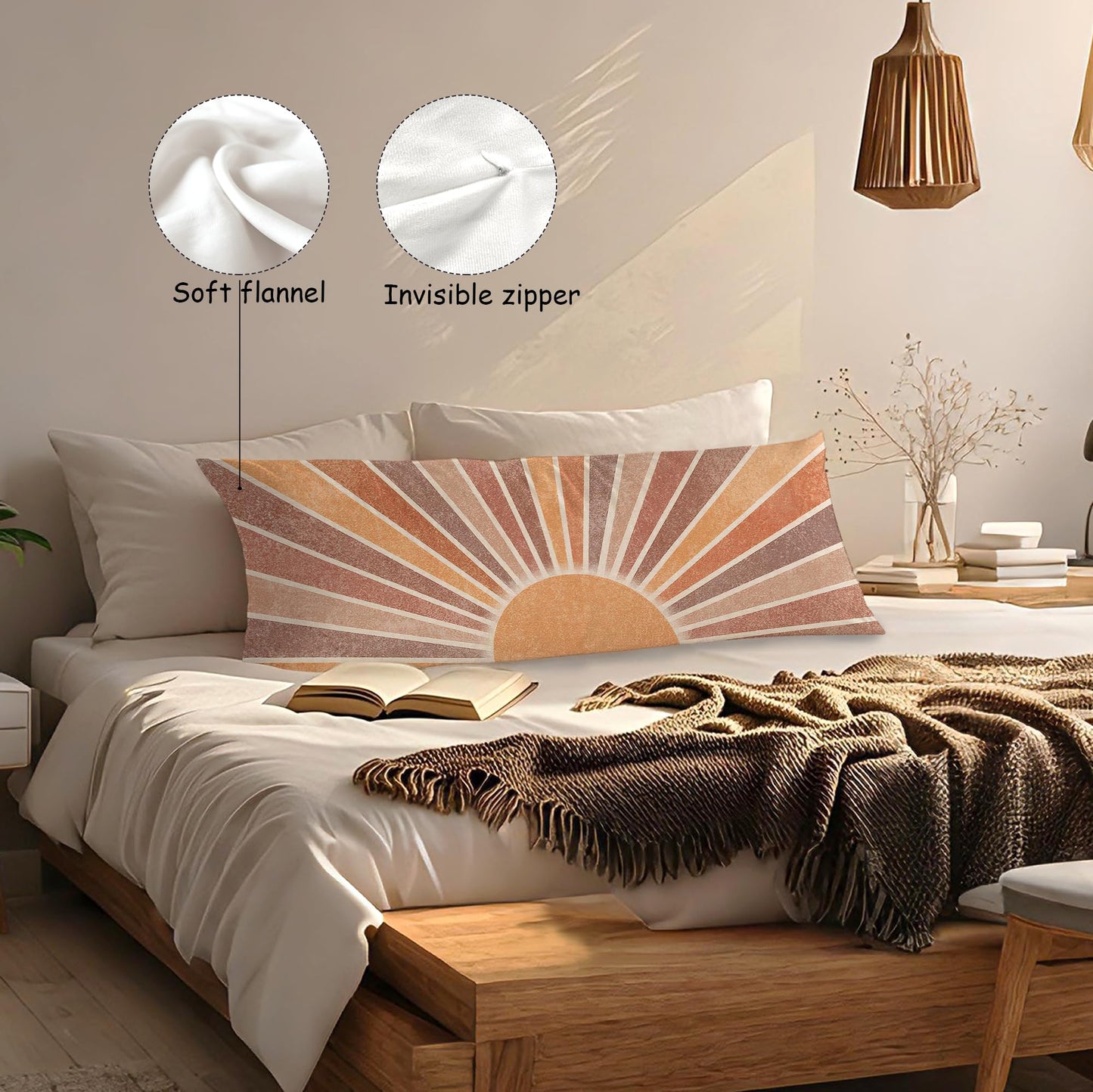 Boho Sun Sunshine 21x54 Body Pillow Cover Case, Modern Neutral Boho Horizontal Sun Sunset Sunrise Decorative Long Hug Pillow Cases for Bed Couch BST220