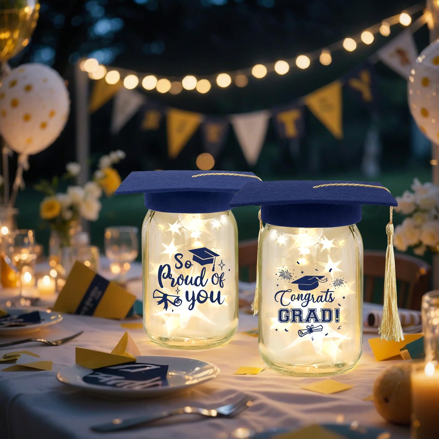 3 Sets 2026 Graduation Centerpieces for Tables, Glowing Mason Jar Centerpieces with Graduation Caps, Glowing Money Jars for College High School Congrats Grad Party Decor Supplies WN420