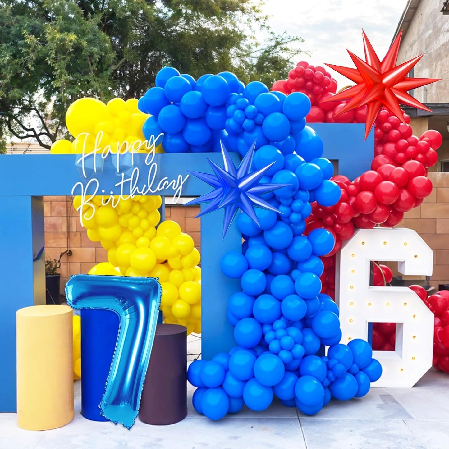 Red Yellow Blue Balloon Garland Arch Kit with Navy Blue 40 Inch Number 7 Balloon, 7th Birthday Decorations for Boy with Star Foil Balloons for 7 Year Old Theme Party Baby Shower Graduation WN420