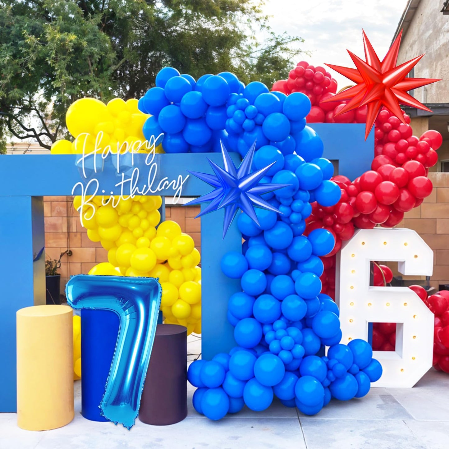 Red Yellow Blue Balloon Garland Arch Kit with Navy Blue 40 Inch Number 7 Balloon, 7th Birthday Decorations for Boy with Star Foil Balloons for 7 Year Old Theme Party Baby Shower Graduation WN420