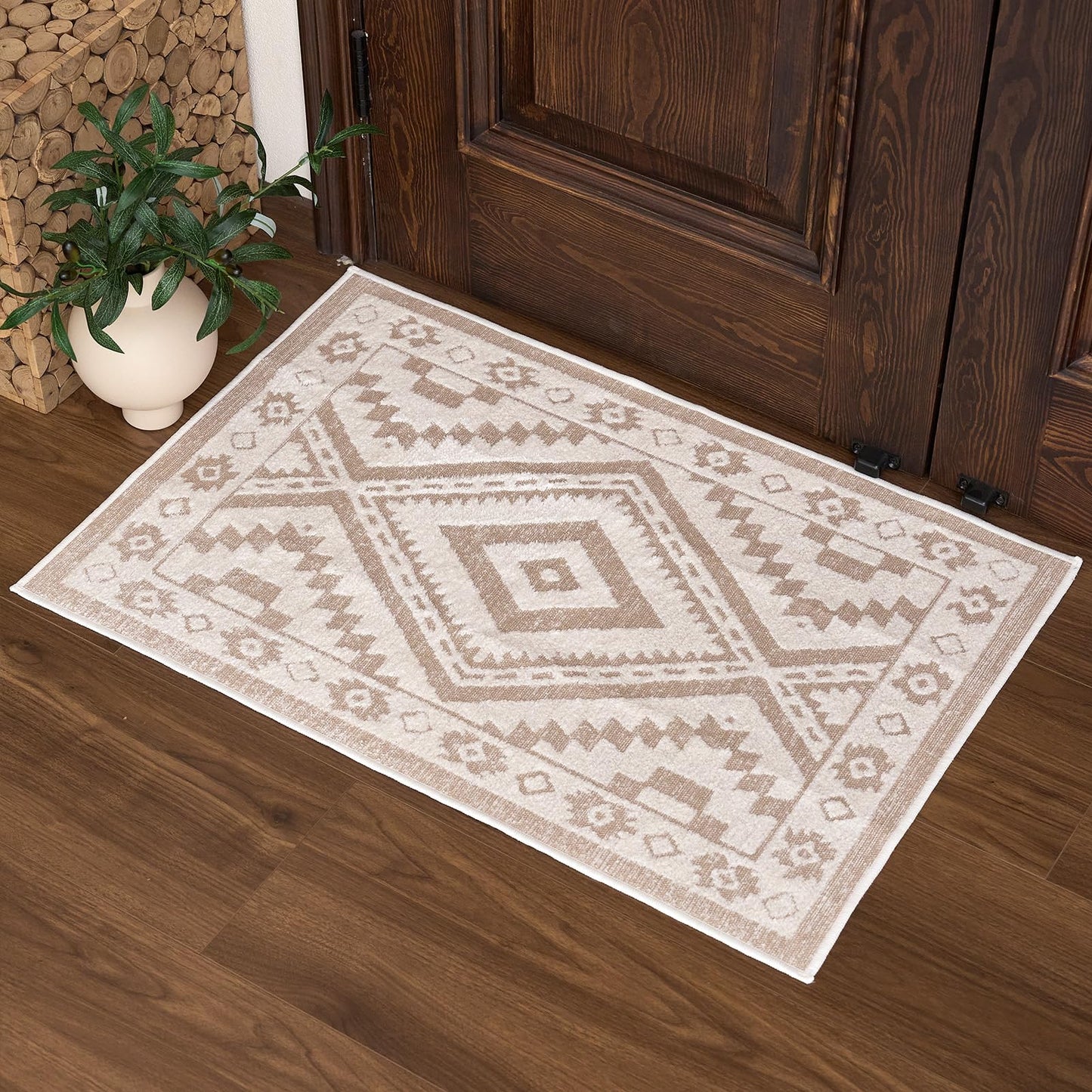Moroccan Washable Area Rug 3x5, Geometric Tribal Decorative Woven Rug, Non-Slip Boho Farmhouse Soft Low-Pile Area Rug for Living Room Bedroom Nursery Dining Table, Dark Brown/White BST326H