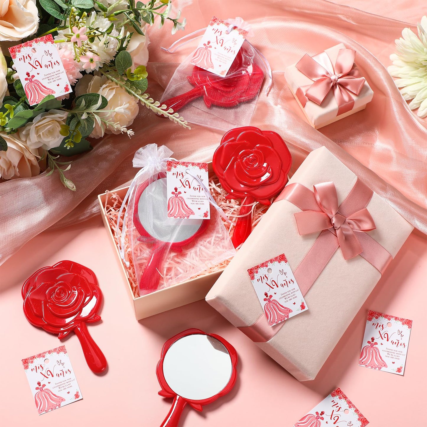 Sintuff 24 Set Rose Compact Mirrors Bulk Quinceanera Wedding Party Favors for Guests Rose Design Compact Mirrors Thank You Cards with White Organza Bags for 15 Birthday Wedding Party Favors(Purple) BST202