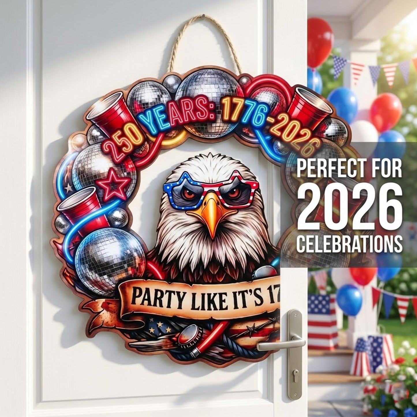 USA 250th Anniversary Wooden Door Sign, 1776-2026 Commemorative Bald Eagle Patriotic Wall Hanging Decor, Cheers to Freedom Party Wreath for July 4th Home Porch Decor (250year-1) BST202