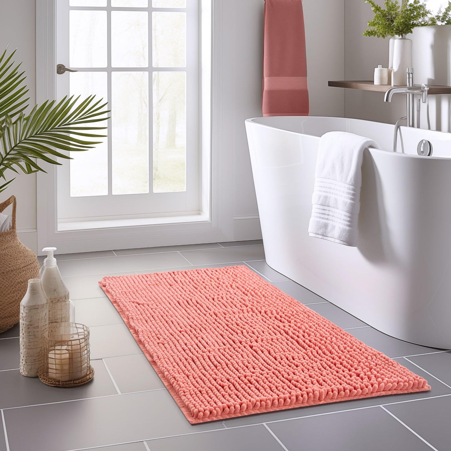 FRESHMINT Chenille Bathroom Rugs Mat 24"x17", Non-Slip Bath Mat for Bathroom Floor & Bathtub, Washable Soft Shower Shag Bath Rugs, Fluffy Thick Water Absorbent Microfiber Shower Mat, Sage Green BST220