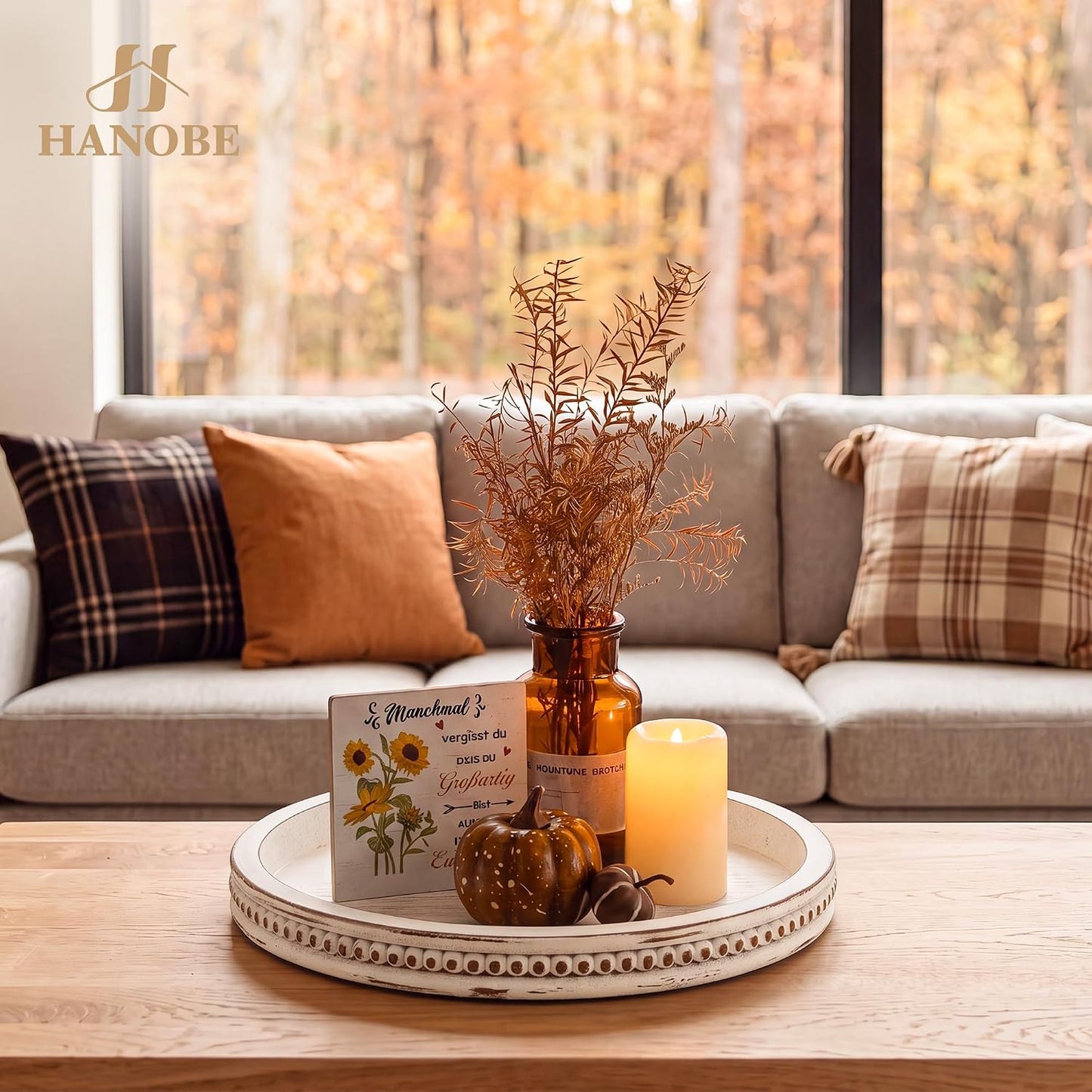 Hanobe Decorative Tray for Coffee Table: 10.5-Inch Round Whitewashed Wood Tray for Rustic Farmhouse Living Room Kitchen Island Entryway Home Decor BST326H