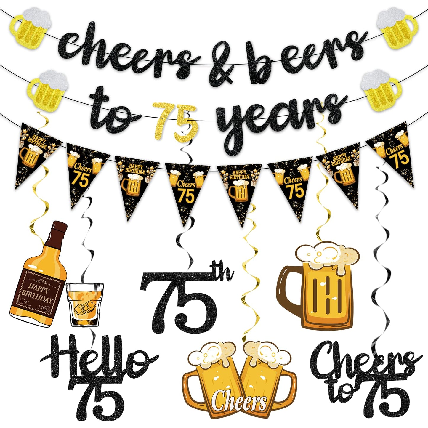 Black Gold 90th Birthday Decorations for Men Women, Glitter Pre-Strung Cheers to 90 Years Banner Hello 90 Hanging Swirls Paper Triangle Flag Banner Decorations Bday Party Supplies Kit WN420