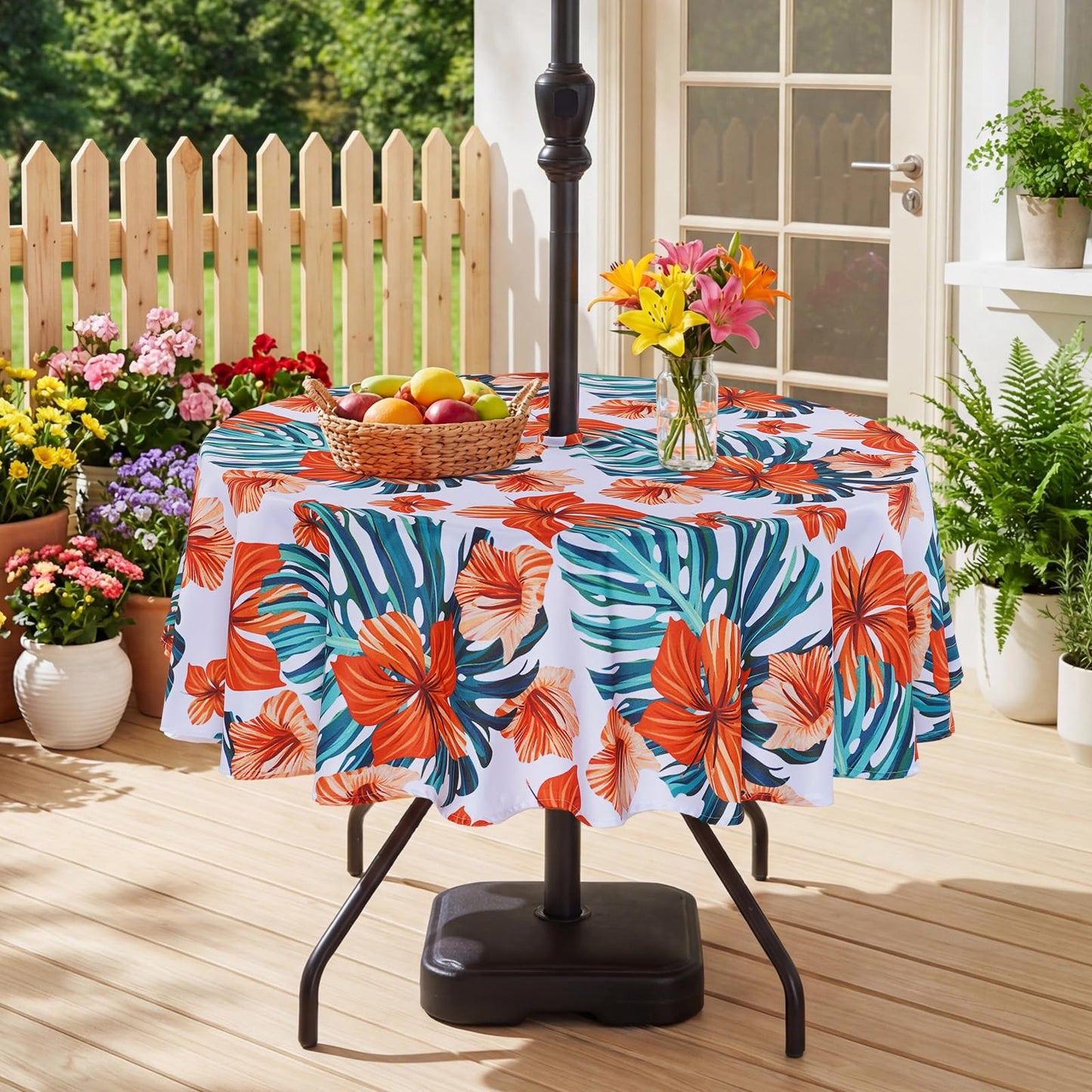 Eternal Beauty 52” Round Tablecloth Waterproof Outdoor Tablecloth with Umbrella Hole Zipper for Spring Summer Patio Picnic Tables (Tropical Palm Leaf) BST326H
