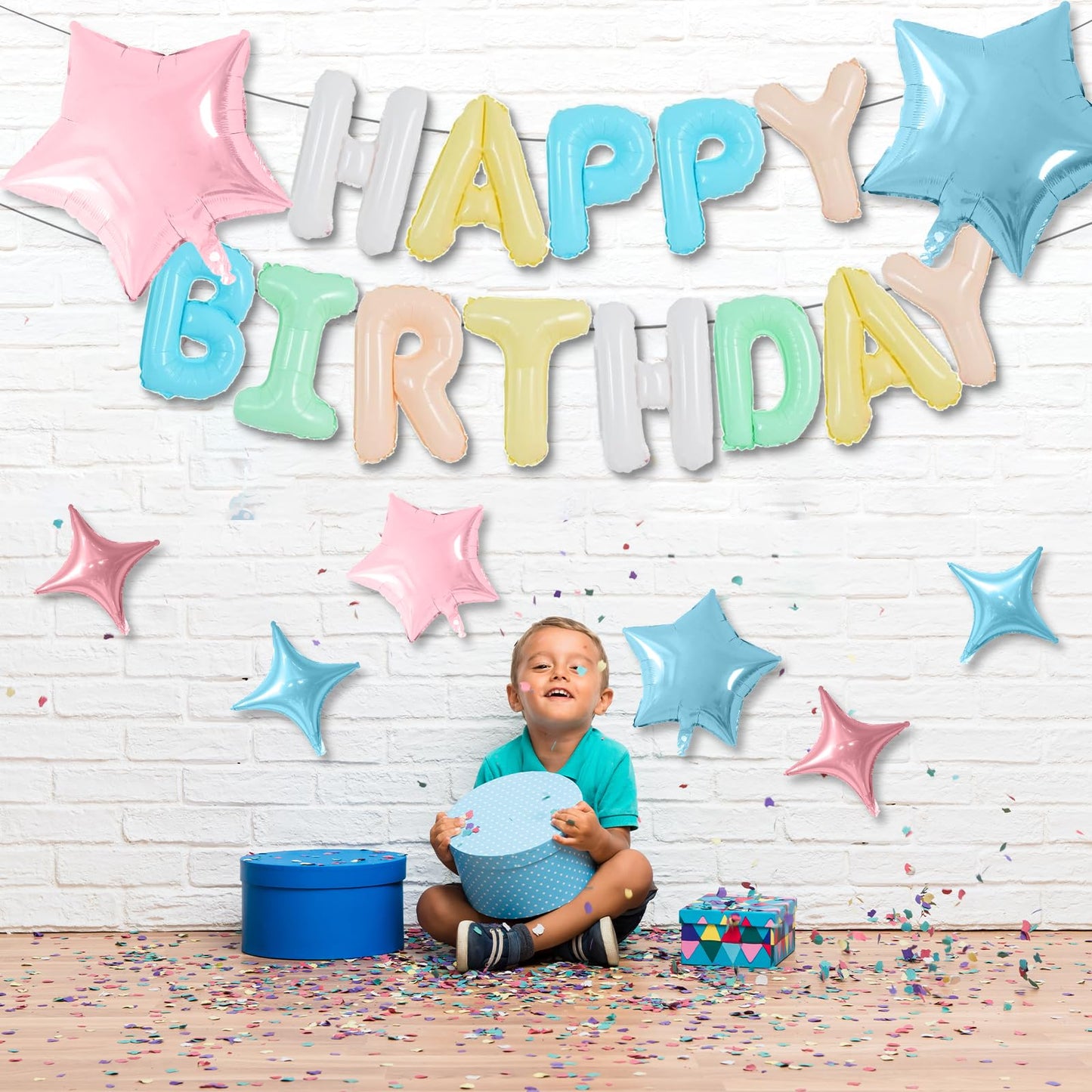 Happy Birthday Balloons Banner, Rainbow Happy Birthday Foil Balloons 16 Inch Foil Letter Balloon with 8 Pcs Gradient Blue Pink Star Balloon for Women Men Boys Girls Birthday Party Decoration WN420