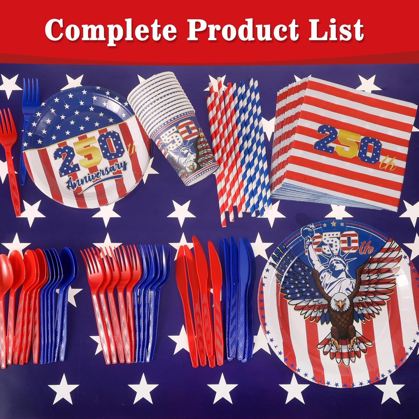 HOWAF 105pcs 4th of July 250 Years of Freedom Tableware Set, Patriotic USA 1776-2026 Anniversary Dinnerware for Independence Day, Fourth of July Party Decor, America 250th Birthday Party Supplies BST326H