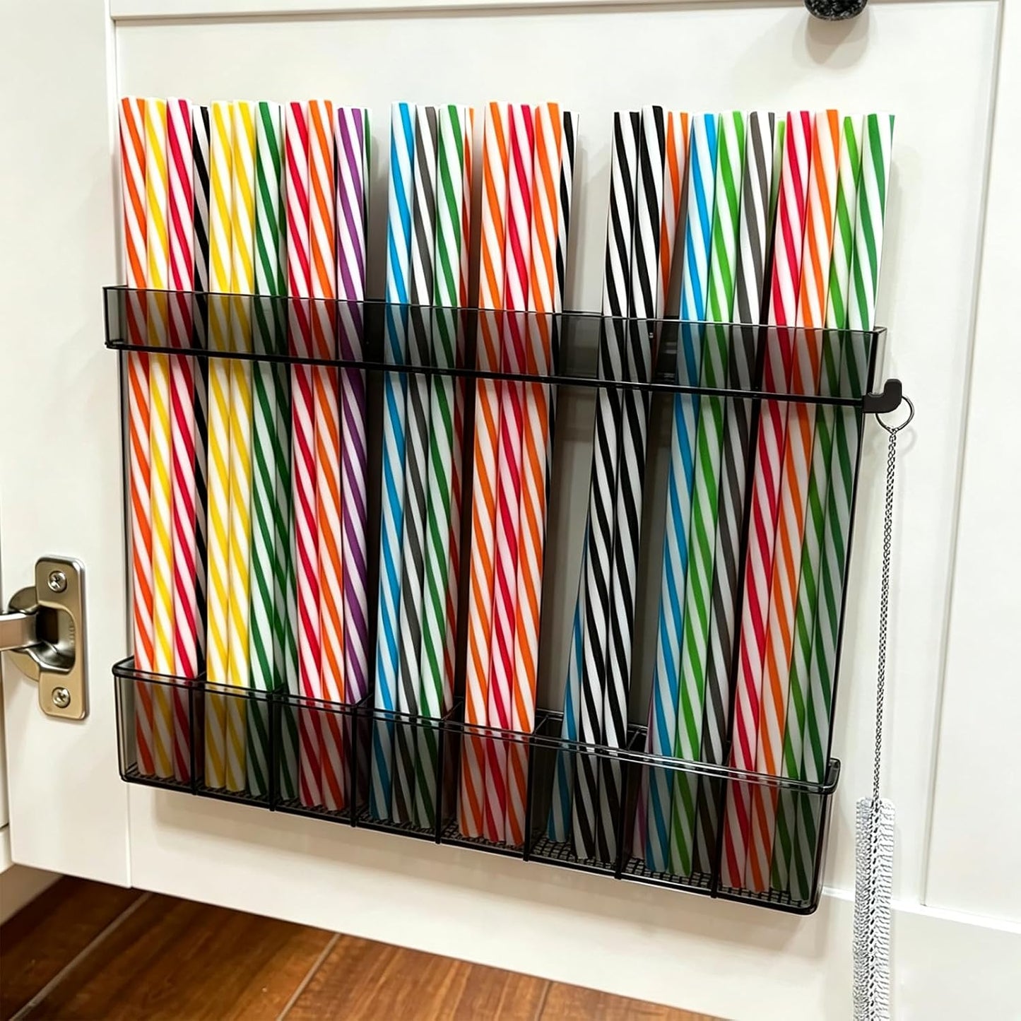 9.8 inch double-layer removable and washable Large Acrylic Cabinet Straw Holder Organizer with Traceless Nano Adhesive – Space-Saving Storage Rack for Cabinet Door, Clear Black Straw Cabinet Holder BST202