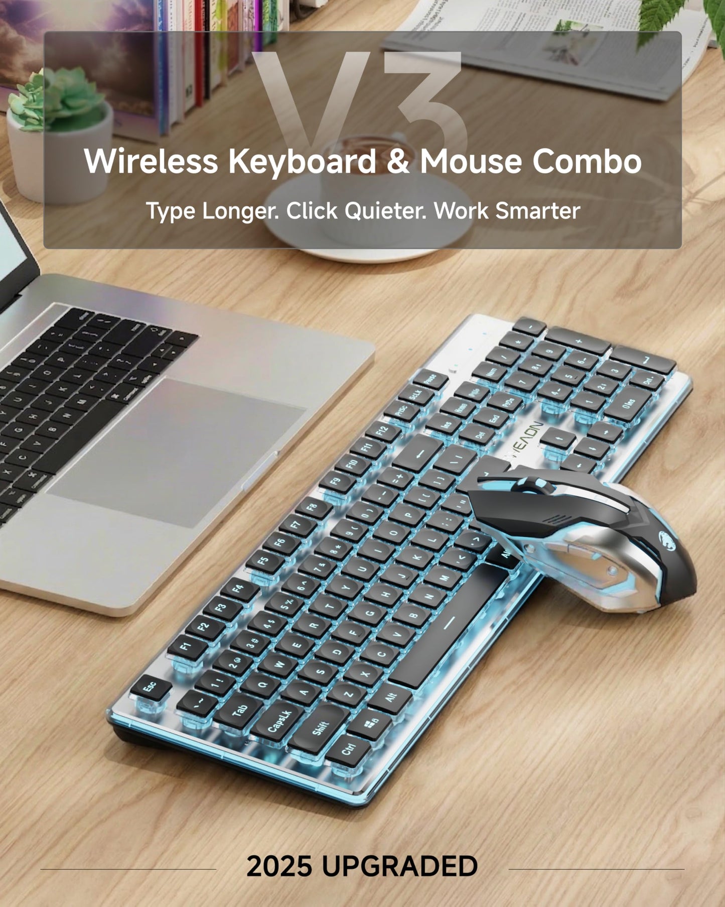 V3 Wireless Keyboard and Mouse with Single Backlit, Metal Panel, Bluetooth/2.4G Rechargeable Computer Keyboard and Mouse Combo Silent Lighted Full Size Cute Keyboards-White