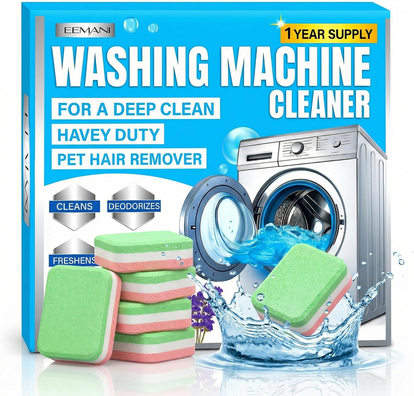 3-Layer Washing Machine Cleaner Tablets 24 Pack, Heavy Duty Deep Cleaning, Descaling & Odor Elimination suitable for Pet Owners, Septic-Safe & Eco-friendly Washer Cleaner for Front & Top Load washers BST202