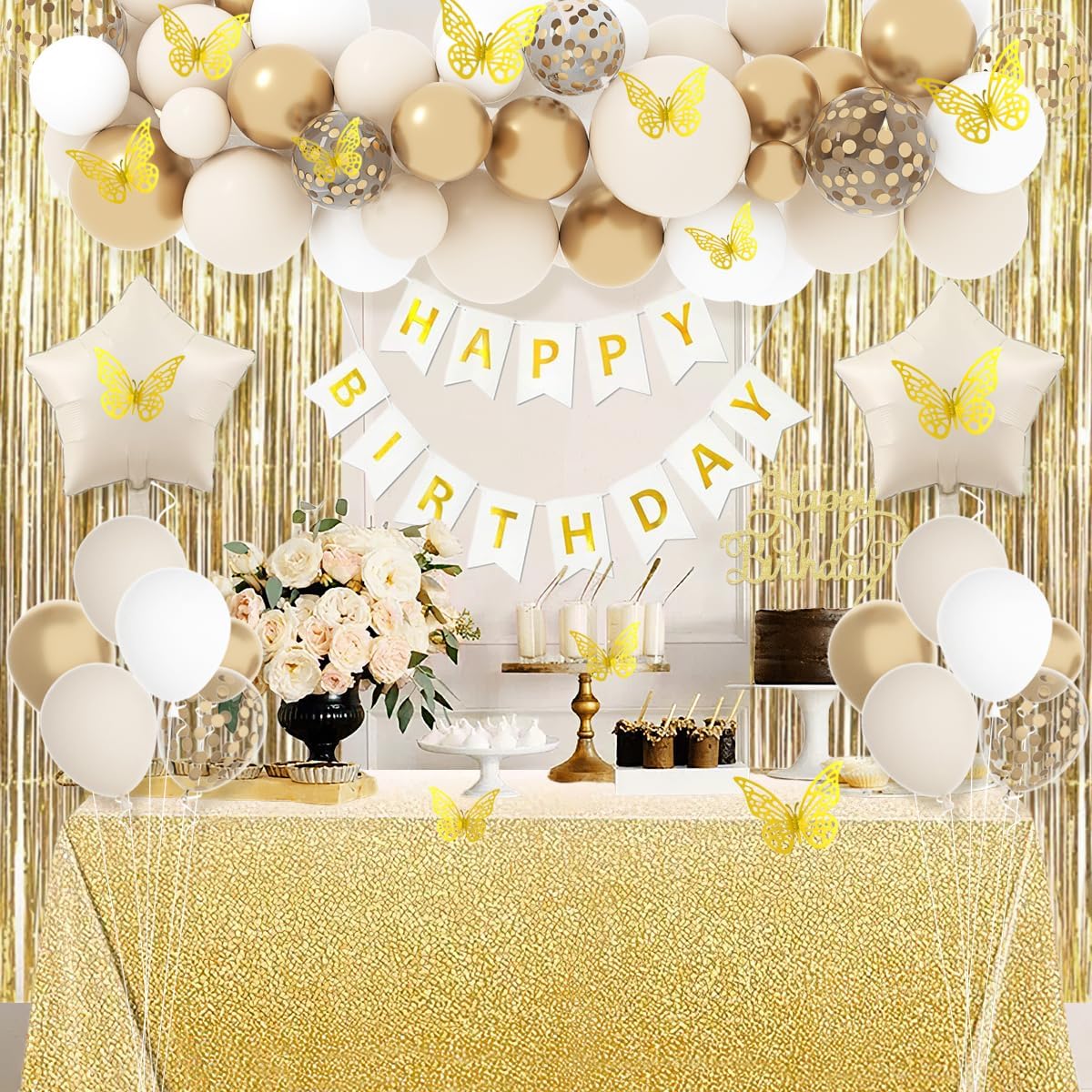 Gold Birthday Decorations for Women, Gold White Birthday Decorations Sand White Beige Neutral Gold Balloons Table Cloth Curtains Happy Birthday Banner Butterfly Boho Birthday Party Decorations BST326H