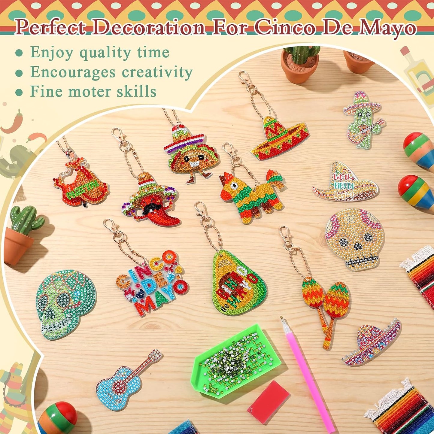 Huquary 24 Sets Cinco De Mayo Diamond Arts Keychains Mexican Fiesta Diamond Art Ornaments 5D DIY Crystal Rhinestone Crafts Kits Sombrero Taco Cactus Craft for Cinco De Mayo Mexican Holiday Gifts WN420