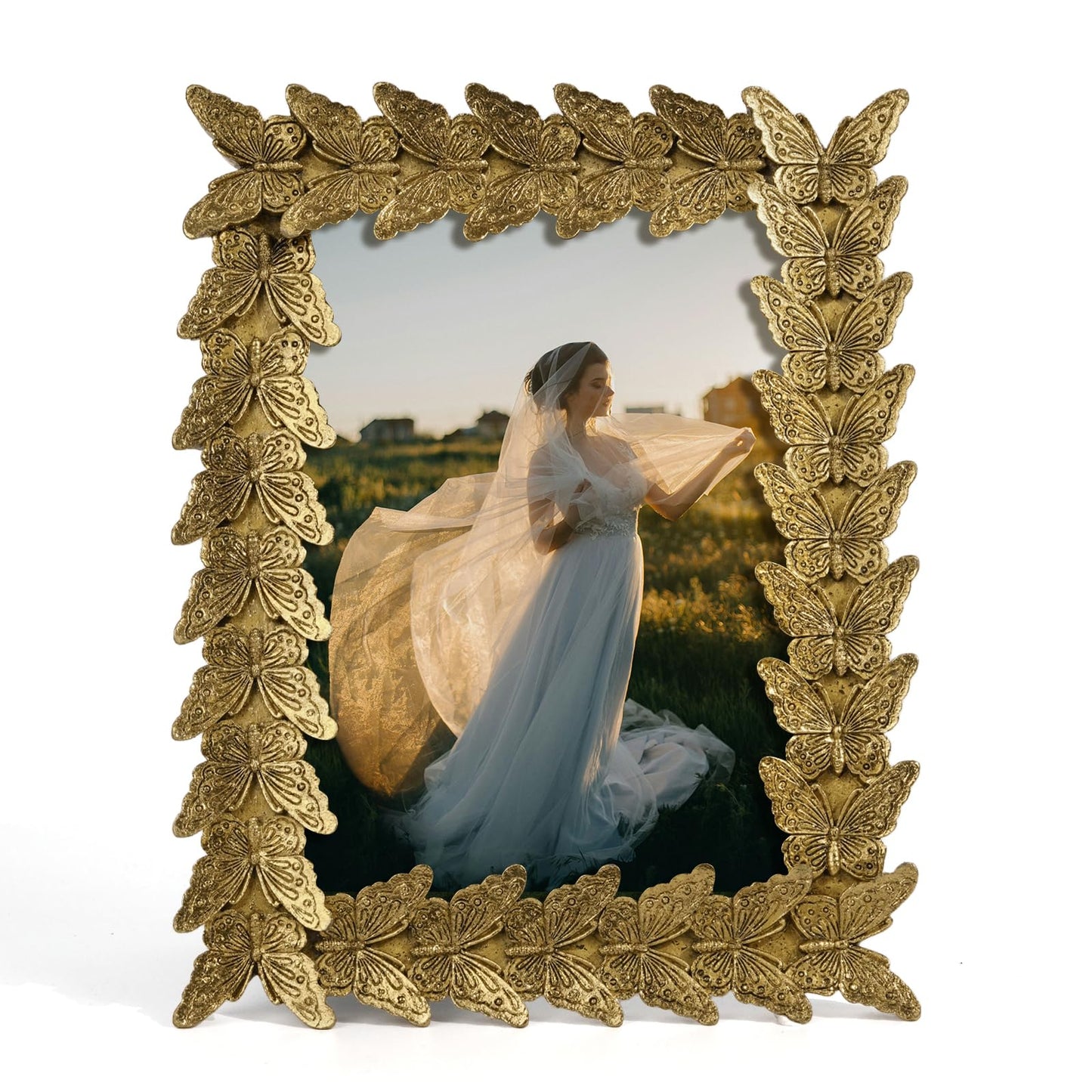 5x7 Wedding Picture Frame Gold,2 Pack Small Frame for Gallery Decor | Durable Resin Material,Tabletop & Wall Display,Real Glass,Rose Floral Design,Antique Brass Finish,Wedding Arrangement Decor BST326H