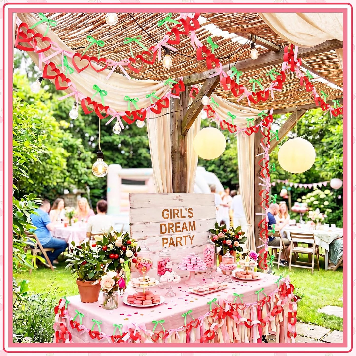 Gueevin 300 Sheets Cherry Paper Chain Strips, 41 ft DIY Paper Chain Garland Kit with Double Sided Tape, Cherry Bow Hanging Banner Decorations for Birthday Party Baby Shower Bridal Bachelorette Wedding BST326H